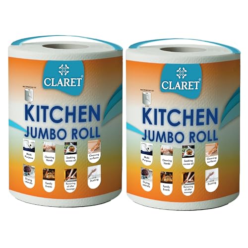 Image of Claret Kitchen Jumbo Towel Tissue Paper Roll Napkin 300 Pulls Each Roll | Soft & Highly Absorbent | 100% Natural | 2 Ply | Ideal For Cleaning Kitchen Accesssories Microwave & OTG (Pack Of 2)
