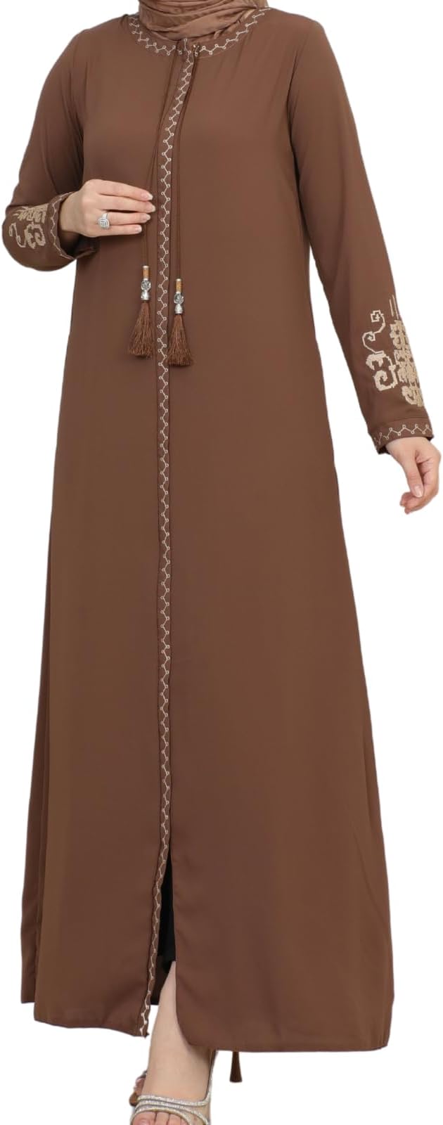istanbul styles Women's Embroidered Sleeves Abaya and Embroidered On The Side of The Zipper Long Sleeve Floor Length Turkish Islamic Fashion