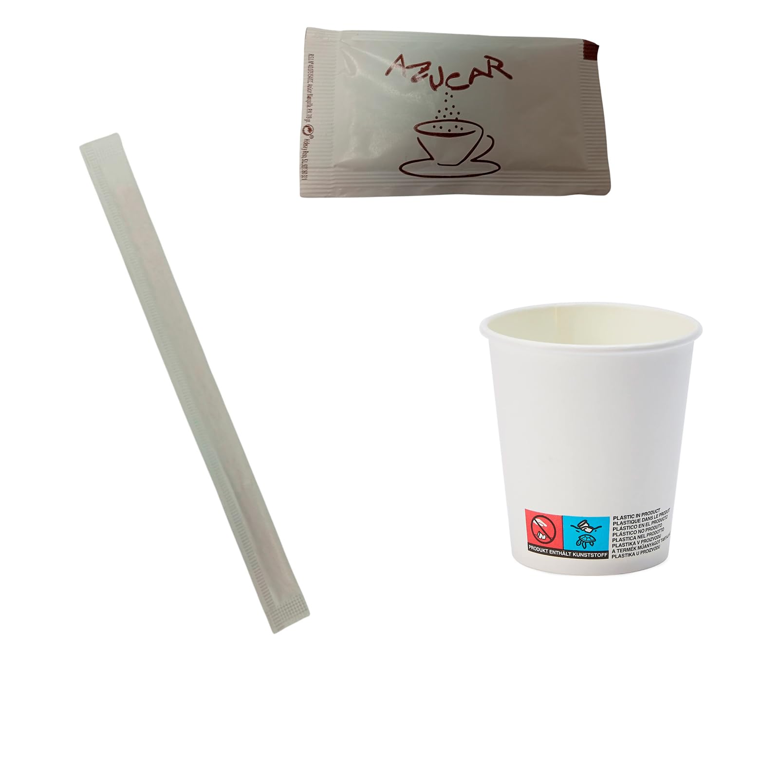 Adri Vasos de Café Desechables con Sobres de Azúcar y Paletinas de Madera, con la opción de escoger tapas para tapar si lo desea (500, Blanco sin tapas, pequeño)