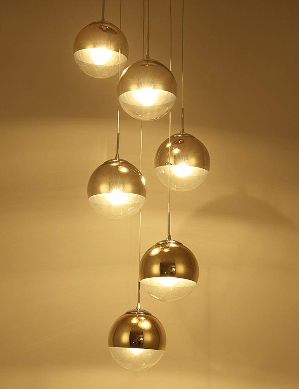 Lustre de luxe moderne à 6 boules de verre pour salon loft et grand escalier