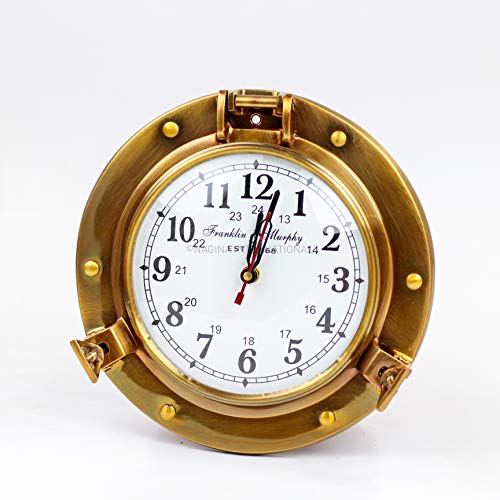 Nagina International 9" Antique Brass Premium Nautical Wall Decor Vintage Time's Clock | Pirate's Porthole Decorative Clock (Franklin & Murphy's Vintage Dial) #TOP4