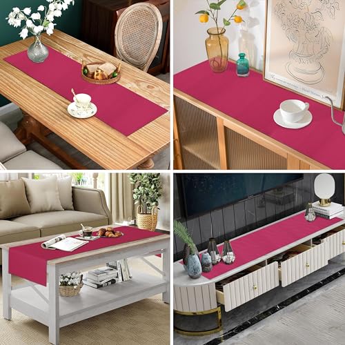 Image of HOME COLORS.IN Solid Color Texture Ribbed Cotton Table Runner for Dining Table, Teapoy, TV Table, Coffee Table, Center Table - Modern Dining Room - Table Decor Runner - 14 x 52 Inch - Pink