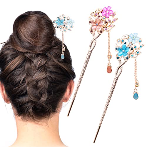 2Pcs Rhinestone Flower Hair Stick, Chinese Hanfu Hair Accessories, Vintage Tassels Hair Pin, Hair Styling Chopsticks Hairpin Jewelry for Women Girls Chignon, Updo, Bun