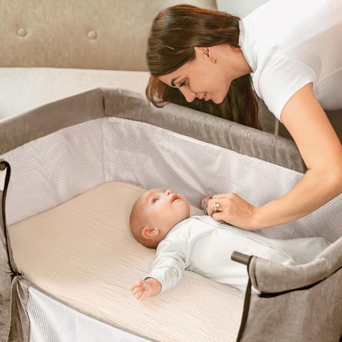 Image of lulumoon Muslin Baby Bassinet Sheets: Cotton Fitted for Bedside Sleeper | Soft & Breathable Leaf Printed Sheets for Boys - 33x21 inch Fit for Baby Delight and Most Other Bedside Bassinet