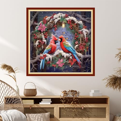 Image of Dimxvean Stamped Cross Stitch Kits,Cross Stitch Kits for Adults Beginners,Embroidery Kits Full Range of Cross Stitch Stamped Kits Needlepoint Kits Cross Stitch Patterns-Christmas Parrot 18x18 inch