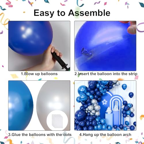 Image of Blue Balloon Arch Kit, Navy Blue and Silver Balloons Garland Arch Kit with Different Size, Metallic Blue Silver Balloons for Birthday Baby Shower Graduations Class of 2026 Prom Decorations