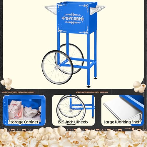 Image of Foundation Popcorn Maker Machine with Cart - 8oz Stainless Steel Kettle Makes up to 48 Cups - Movie Theater Style Vintage Popcorn Machine Cart on Wheels by Great Northern Popcorn (Blue)