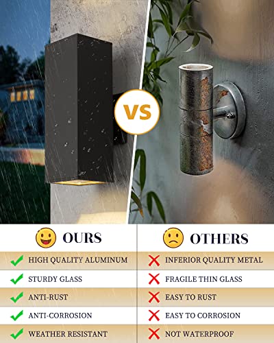 Harriet Modern Outdoor Wall Lights, Aluminum Outdoor Wall Sconce Waterproof Rustproof, Up And Down Lighting Exterior Sconces Square Shape Porch Lantern, Sanded Black Finish #TOP1