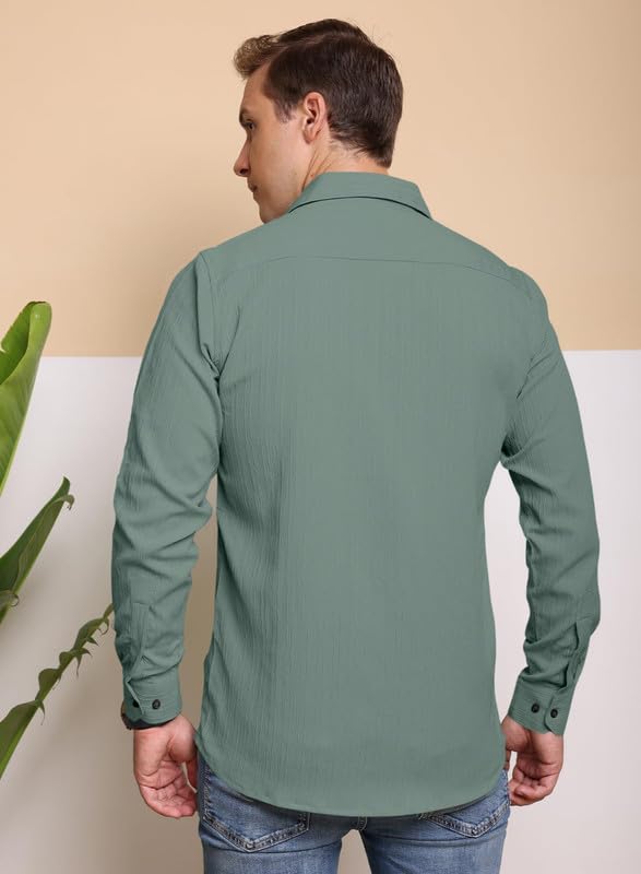 Image of Macsivo Men's Popcorn Shirt with Spread Collared Long Sleeve Button Down Closure Curved Hem Length | Linen Shirt for Man