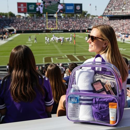 Image of Crosstime Clear Backpack Stadium Approved 12x6x12 Clear Bag with Reinforced Straps Durable PVC for Stadium Events, Sports, Festivals, Concerts - Small Transparent Backpack for Women & Girls - Purple