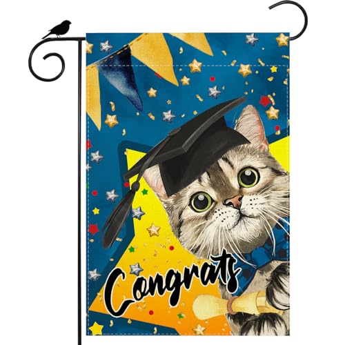 ZAEW Cat Congrats Grad Cap Stars Graduation Garden Flag 12x18 Inch Double Sided Small Mini Yard Flag Outdoor Outside Holiday Party Decoration