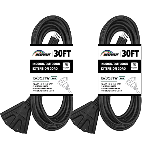 Honderson 2 Pack 30Ft Outdoor Extension Cord With 3 Electrical Power Outlets - 16/3 Sjtw Durable Black Cable With 3 Prong Grounded Plug For Safety,Ul Listed #TOP12