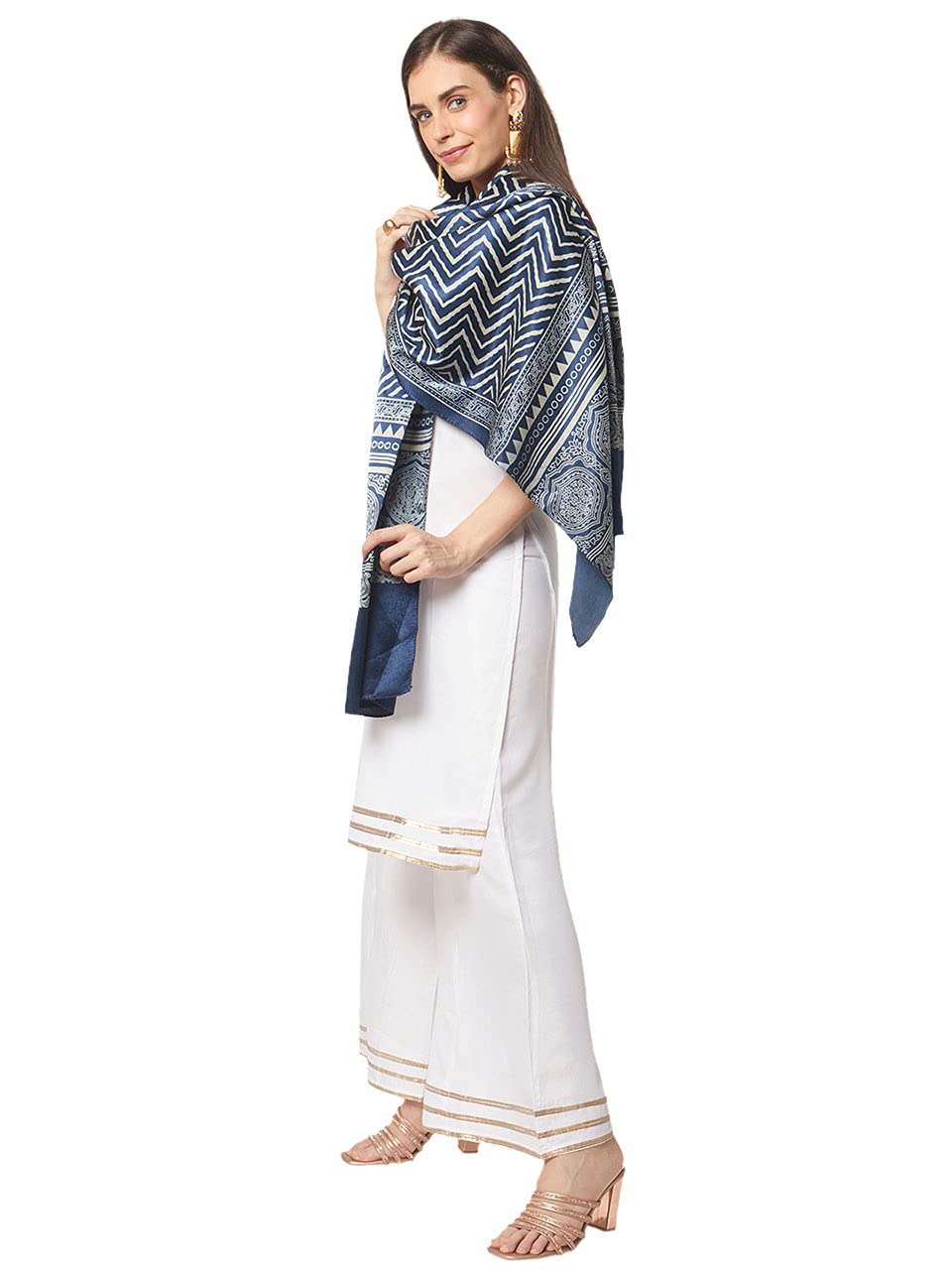 Women's Floral Silk Dupatta (DB2568_Indigo_Free).-image-27