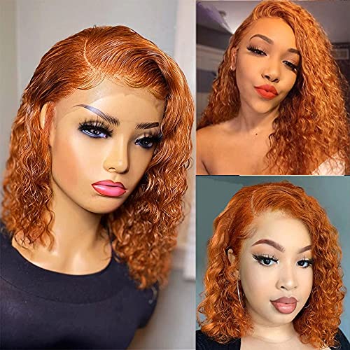 Short Curly Lace Frontal Bob Hair Wigs T Part Colored Orange Wavy Virgin Human Hair Wigs 180% Density 8" 13x4x1 Pre Plucked with Baby Hair for Black Women …