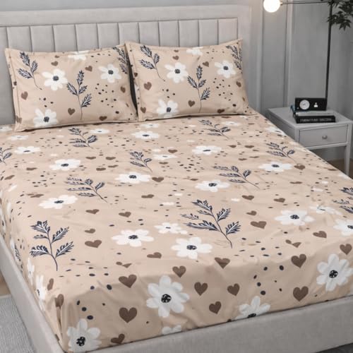 Image of Cotton Feel King Size Flat Bedsheet for Double Bed (90 x 100 Inches | 230 x 250 cm) with 2 Pillow Covers | Soft & Smooth Printed Bedsheet for Daily Use (CreamFlowers, King Bed-90x100)