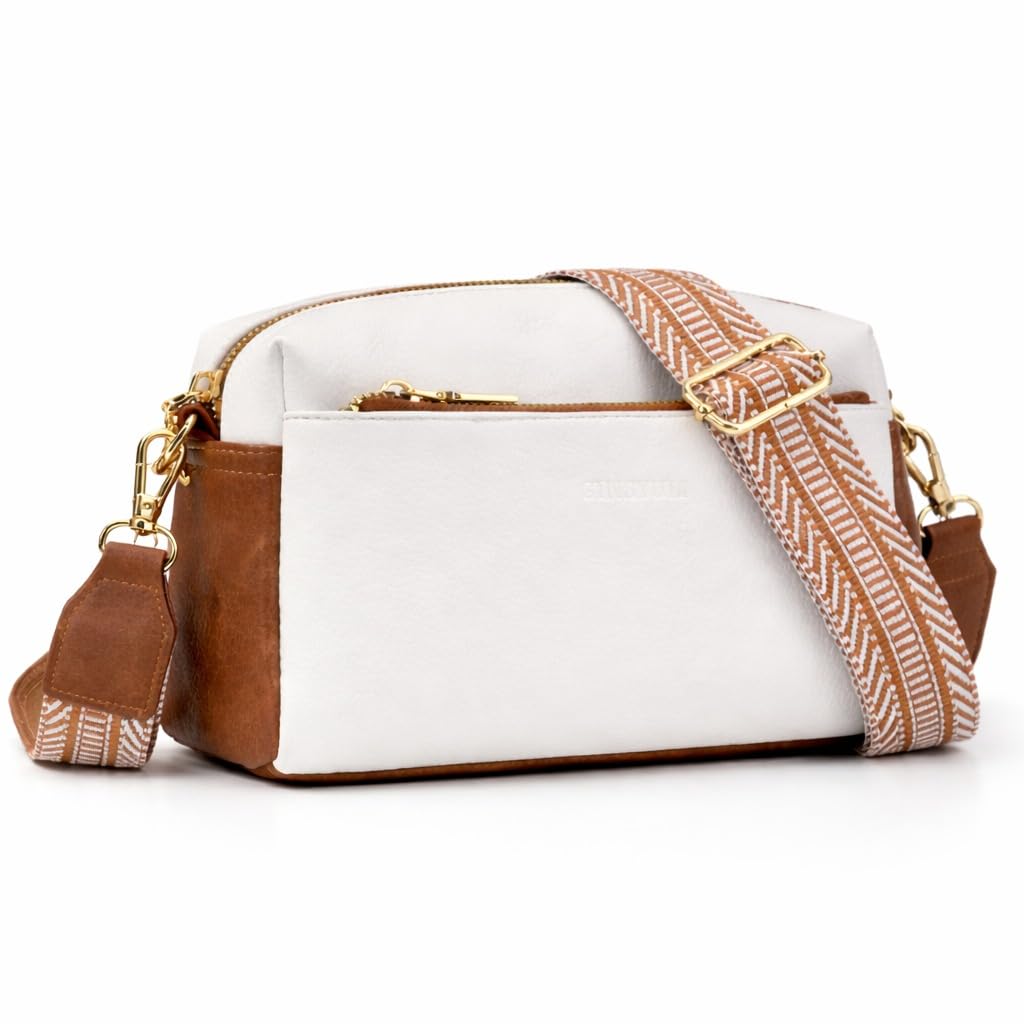 Crossbody Bag, White and Brown, Leather, with Decorative Scarf and Tassel-image-27