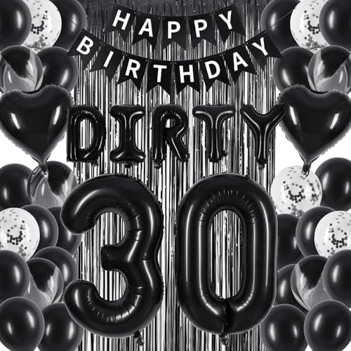 30th Birthday Decorations - Happy 30th Birthday Set with Banner Black Foil Curtains Dirty 30 Balloons Black Cake Topper for Men