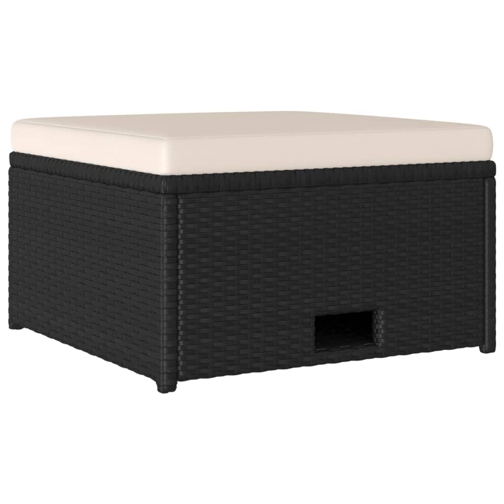Juego de 4 muebles de jardín de polirratán, sofá de 3 plazas, mesa y 2 taburetes, cojines color blanco crema, ahorro de espacio