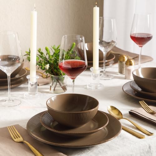 Image of Gibson Home Plates and Bowls Set, 12 Piece Dinnerware Set for 4, Brown