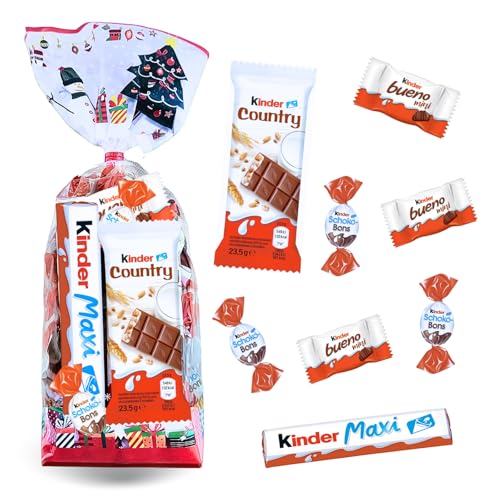 KINDER Noël | Sachet garni d'un Assortiment de 40 Chocolats Kinder Schokobons, Mini Bueno, Maxi et Country | Friandises prêtes à Offrir à Noël ou en Fin d'année