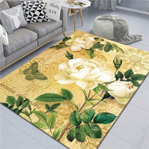 Moquette sol feuilles vertes et fleurs blanches tapis rectangulaire - 2