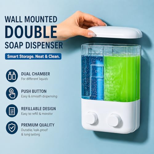 Image of b2 Wall Mounted Double Soap Dispenser, Refillable Dual Chamber Shampoo & Hand Wash Holder, Push Button Liquid Soap Dispenser for Bathroom, Hotel & Gym (Modal - 4)