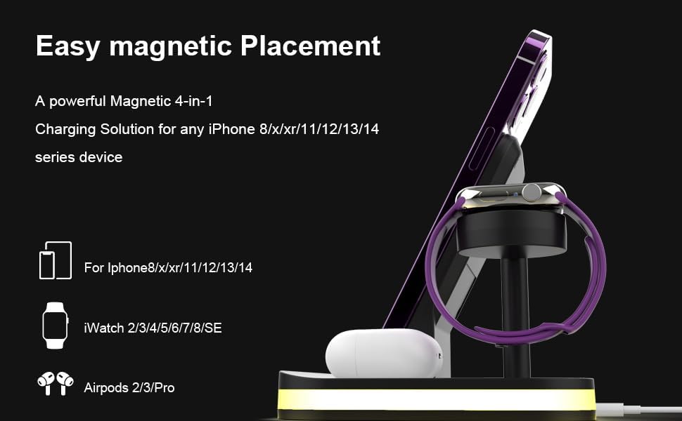 Miniatura 7 de Soporte de carga inalámbrico con luz nocturna, estación de carga inalámbrica 4 en 1 para iPhone 14 Pro Max14 Pro14 Plus131211X8 Series, Apple Watch
