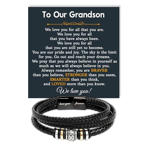 VIRAGIL To My Grandson Leather Bracelet Meaningful Gift from Grandma or Grandpa Inspirational Engraved Message Wristband for Birthday Christmas Graduation or Just Because M Leather no