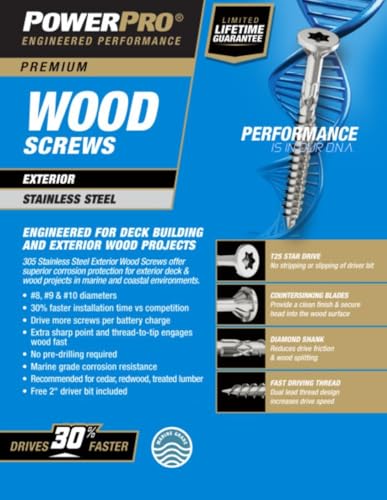 Image of Power Pro 48619 Wood Screws, #8 x 1-1 /4 inch, Premium Stainless Marine Screws, Rust Resistant, Stainless Steel, 1lb Box, 242 pcs