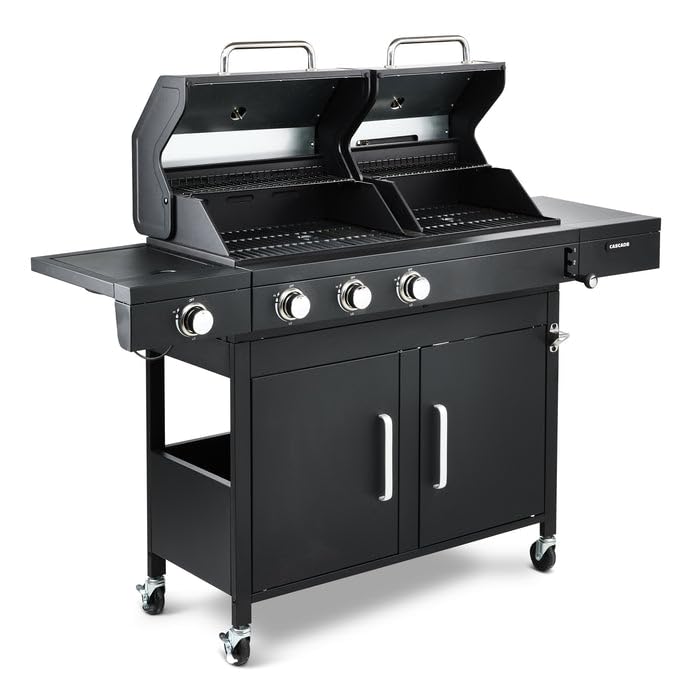 Fire Mountain Cascade Dual Fuel Gas and Charcoal BBQ Black with Cast Iron Grill Hybrid Outdoor Barbecue for Garden Patio