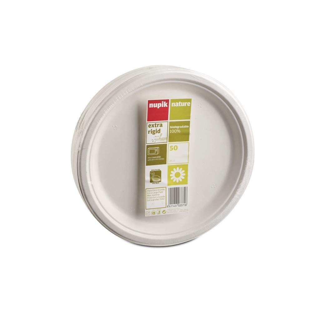 NupikLarge Plate 25 cm Rigid and Smooth 100% Biodegradable Disposable Microwavable 50 Units aiBook