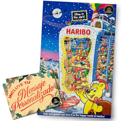 HARIBO Adventskalender 2025 Leuchtet im Dunkeln Mit 24 Tütchen und bunten Fruchtgummis Inklusive personalisierter Cia&Co Karte Süße Geschenkidee für Kinder Familie & Freunde zu Weihnachten