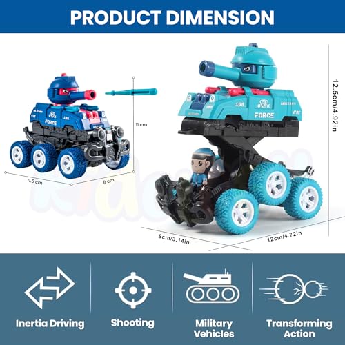 Image of Kidology Transforming Tank Toy Car for Kids | Friction Powered Military Vehicle with Collision Transformation, Pop-Up Soldier, Rotating Turret & Press-to-Launch Missiles - Ages 3+ (Dark Blue)