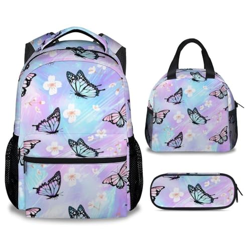 Eccustomized Girls Butterfly Backpack with Lunch Box - Set of 3 School Backpacks Matching Combo - Pretty Colorful Bookbag and Pencil Case Bundle