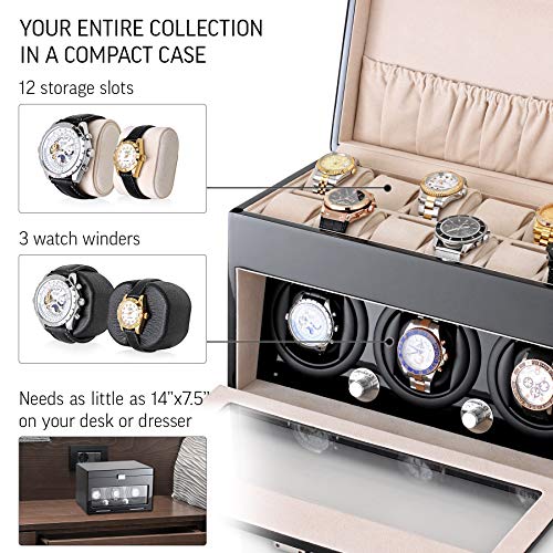 Watch Winder and Storage box for winding 3 Automatic Watches and 12 Watch Storage Space (Black + Beige)