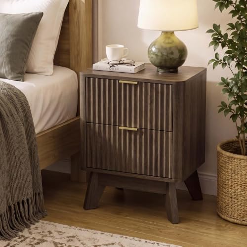 Modern Fluted Nightstand Set of 2 Walnut Curved Edge Design - Image 4