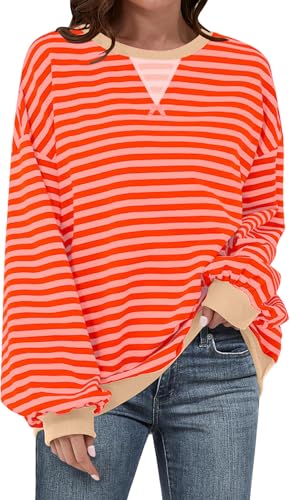 Image of UEU Women Oversized Striped Crewneck Sweatshirt Long Sleeve Color Block Pullover Tops Casual Loose Workout Shirt