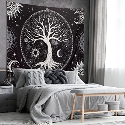 Image of Aesthetic Tree of Life Tapestry Black and White Wall Tapestry Hippie Sun Moon Star Galaxy Space Tapestries Forest Wall Hanging Decor Nature Home Decoration for Bedroom,Living Room,Dorm
