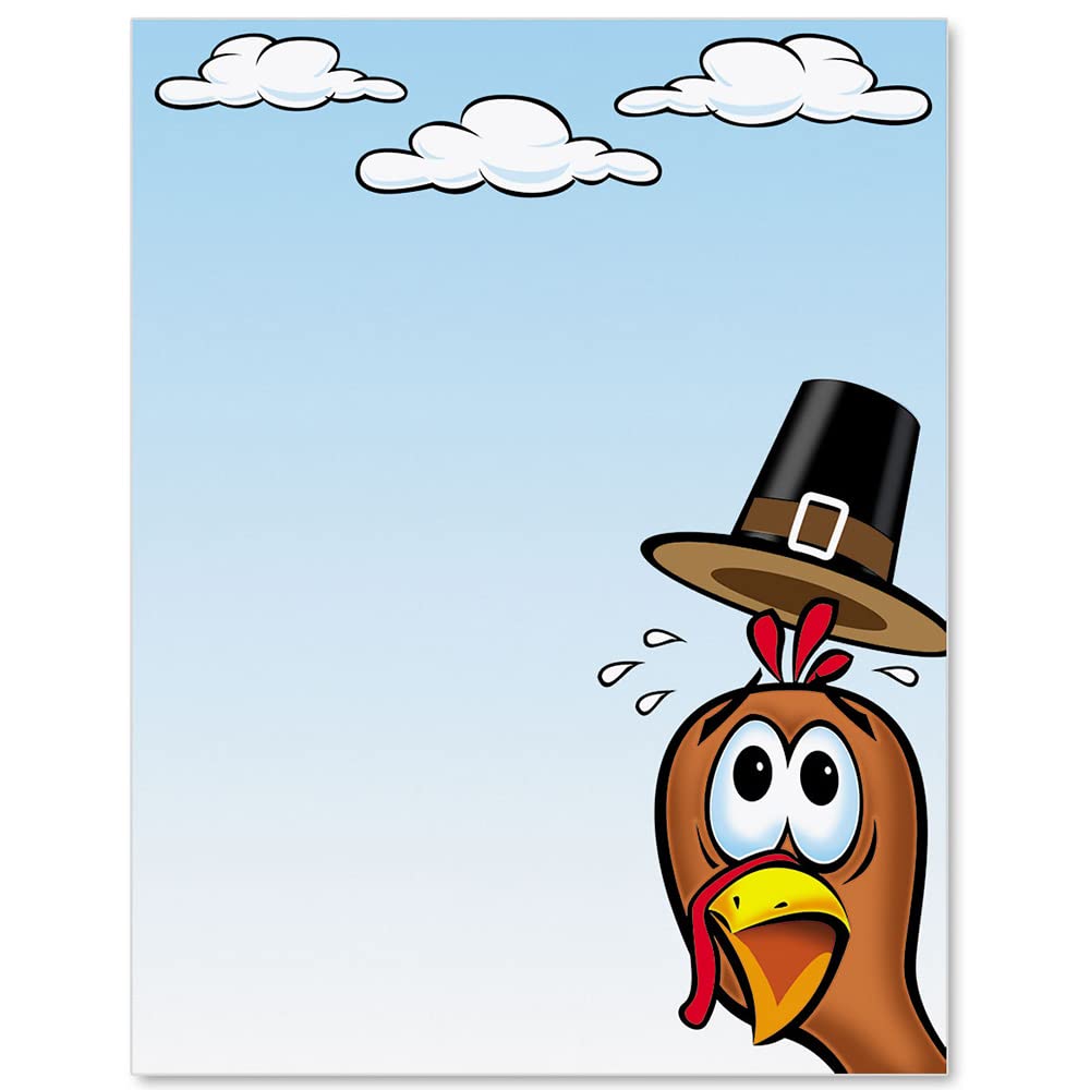 PaperDirect Turkey Run Fall Border Papers, Thanksgiving Stationery with Blue Sky Background and Cartoon Turkey in Pilgrim Hat, 8.5 x 11, Acid-Free,