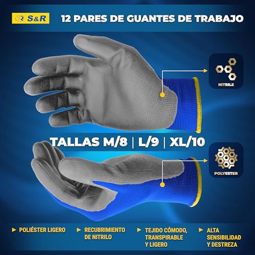 S&R Guantes de trabajo con recubrimiento de nitrilo M/8 (12 pares). Para moto, auto mecánica, jardinería, bricolaje. Antideslizante y antiabrasión. - imagen 2