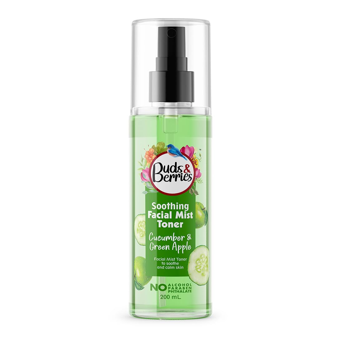 Buds & Berries Cucumber and Green Apple Calming Facial Mist Toner - Instant Freshness, Shrinks Pores | Normal to Oily Skin | 200ml | Alcohol-Free, Paraben-Free