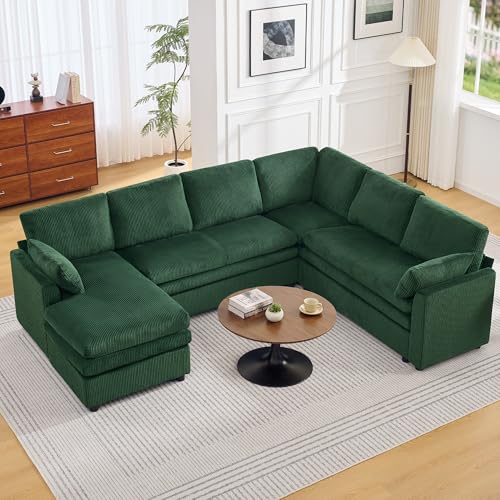 Image of 110 inch Sectional Couches with Left Chaise, Comfy Deep Dual-Layer Cushion Couch, 7 Seater U Shaped Couch, Modern Modular Sofa, Corduroy Sofas for Living Room, Apartment, Green