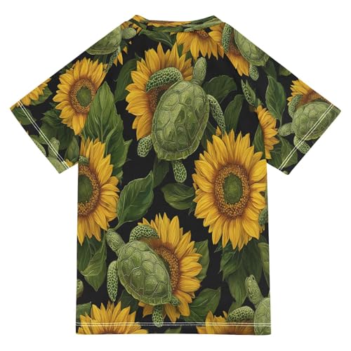 Boys Short Sleeve T-Shirts Sunflower Turtle Floral Rashguard Kids Swim Shirts Sun UPF 50+2