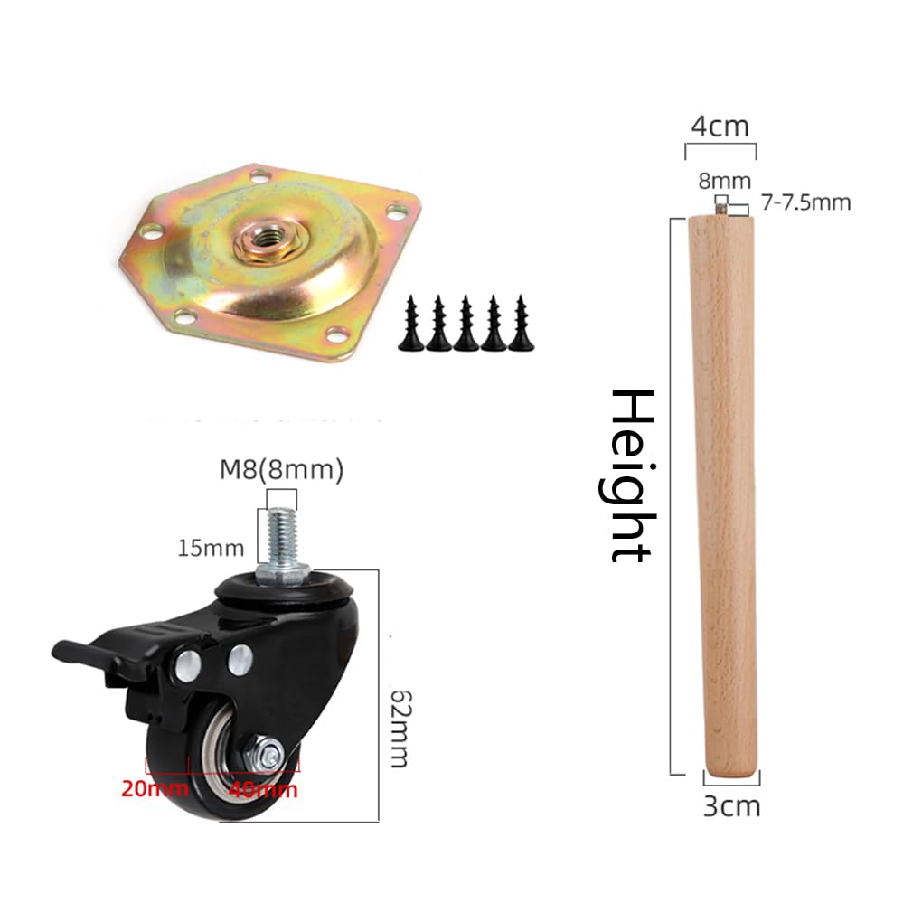 Confezione da 4 gambe regolabili per tavolo, piedini per mobili in legno massiccio con ruote dei freni, design rotondo conico, perfetti per armadi e progetti fai da te (altezza 10 cm)