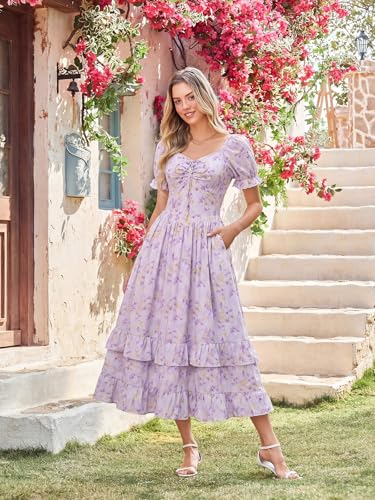 Image of Scarlet Darkness Women Floral Maxi Dress Puff Sleeve Tea Party Corset Dress | Pockets, Ruched Bust, Ruffled Hem, for Cottagecore Fairy Milkmaid Vacation