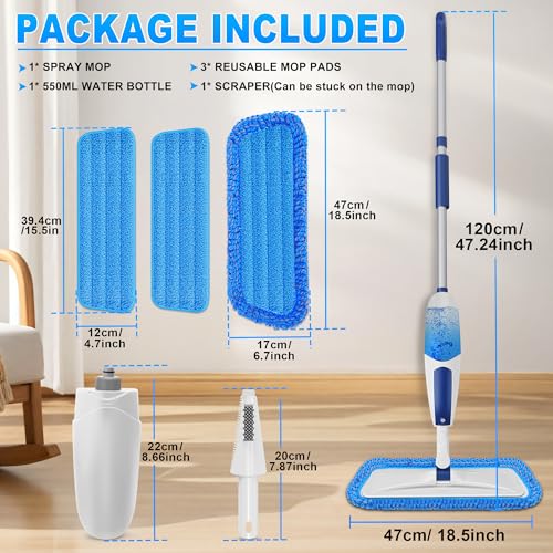 Image of Microfiber Mops for Cleaning Floors - Spray Floor Mop for Laminate Floors with 3 Washable Pads 1 Refillable Bottle - Wet Dry Dust Mop for Hardwood Tile Vinyl Wall Bathroom Kitchen