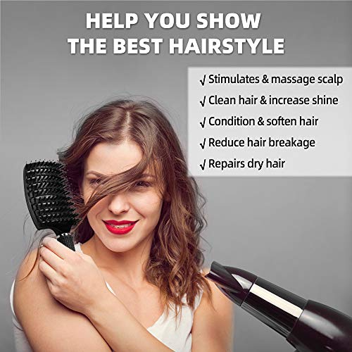 URAQT Haarbürste ohne Ziepen, Profi Entwirrungsbürste mit Griff, Wildschweinborsten Haarstyling Bürste für Lange Feine Dicke Lockige Haare, Schwarz