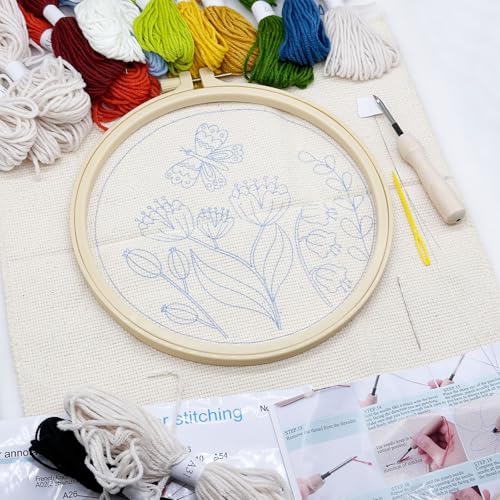 Image of Allazone 3 Set Embroidery Starter Kits for Beginner, Butterfly and Bird Punch Needle Kit with Instruction, Plastic Hoop, Yarns and Embroidery Handle Needle Pen
