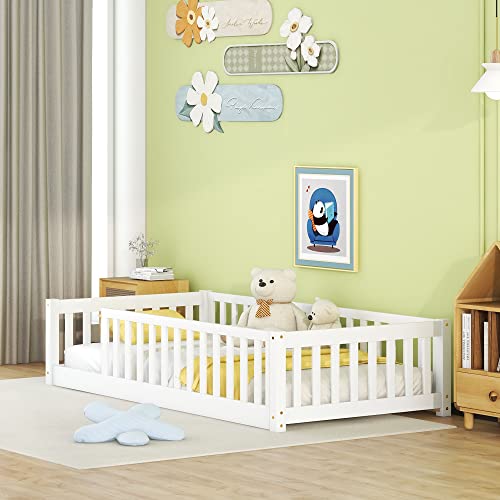 Twin Size Floor Bed For Kids Montessori Bed Frame With Fence Railings & Support Slats, Wooden Playhouse Beds For Boys Girls, No Box Spring Needed, White #TOP2