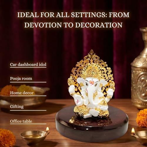 Image of 24k Gold Plated Kalpavrikshya Tree Ganesh Idol Ganpati Murti for Car Dashboard, Office Desk, Hindu God Gift & Home Decor - Resin (White)